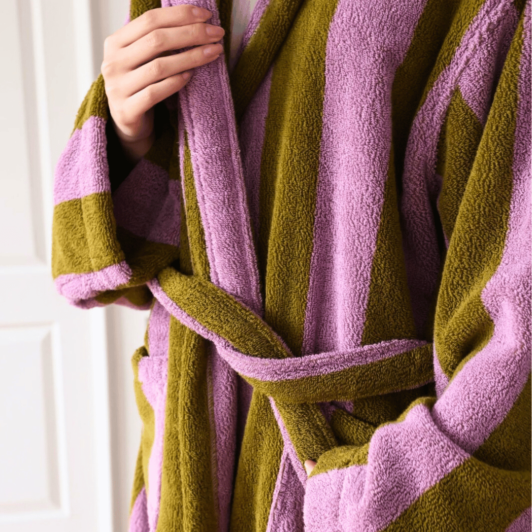 Pink & Brown Wide-Stripe Organic Cotton Robe belt detail