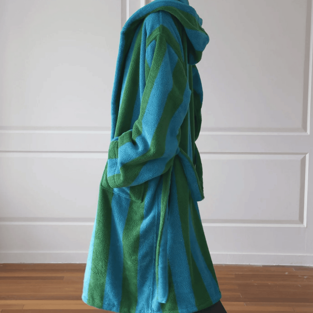 Blue & Green Wide-Stripe Organic Cotton Robe with Hood side view