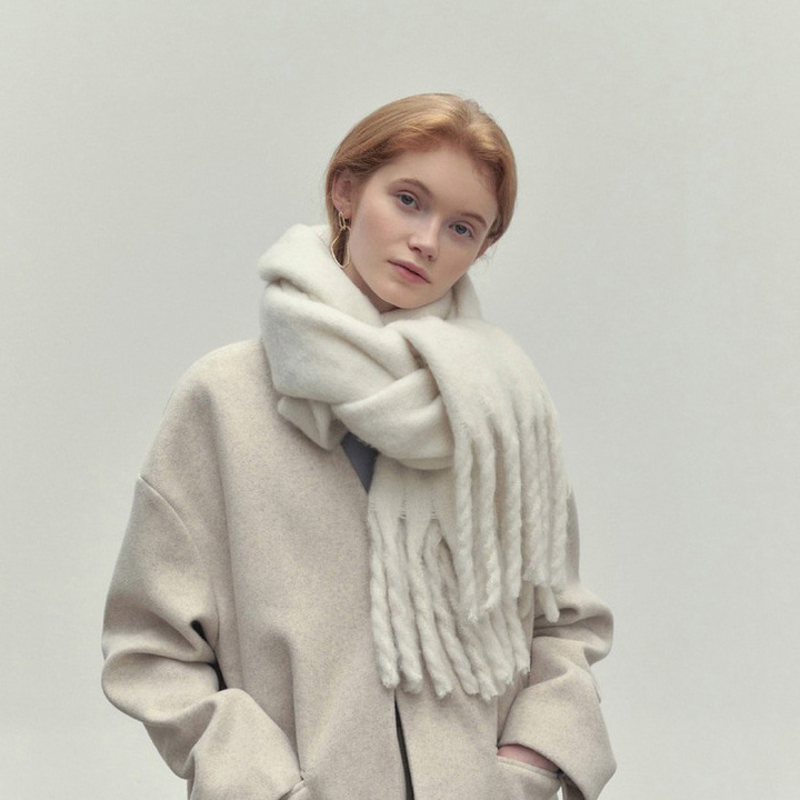 White Wide Wool Fringe Winter Scarf worn front view
