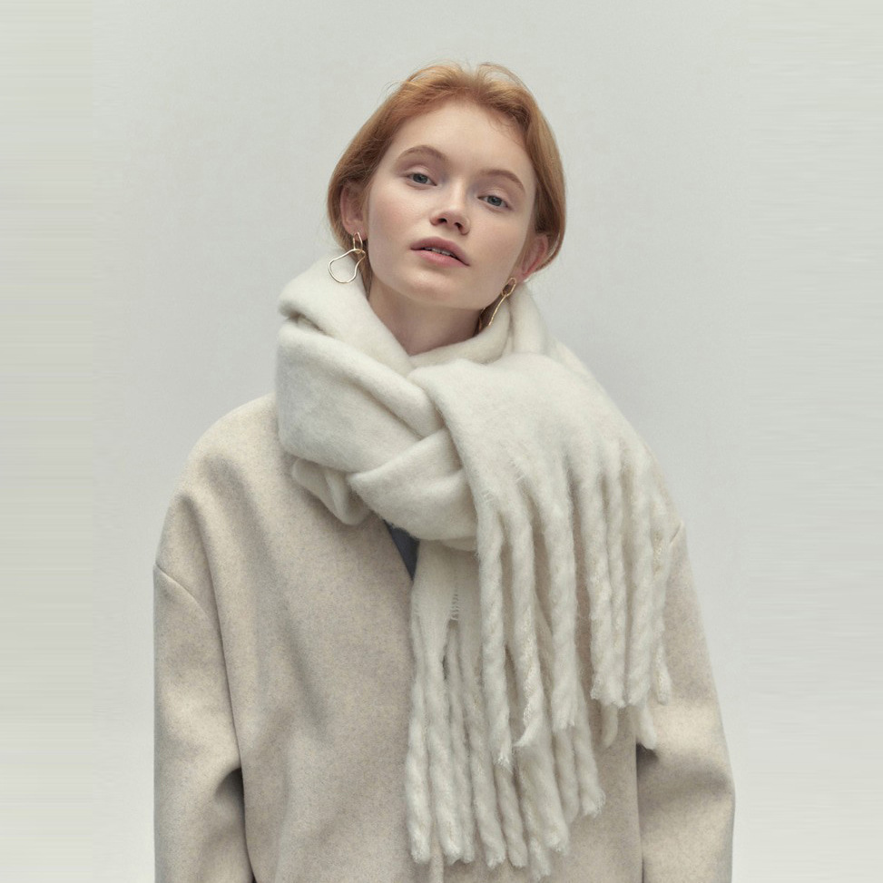 White Wide Wool Fringe Winter Scarf worn close view