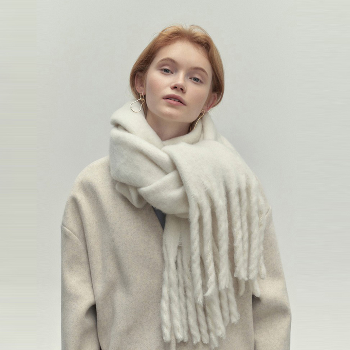White Wide Wool Fringe Winter Scarf worn close view