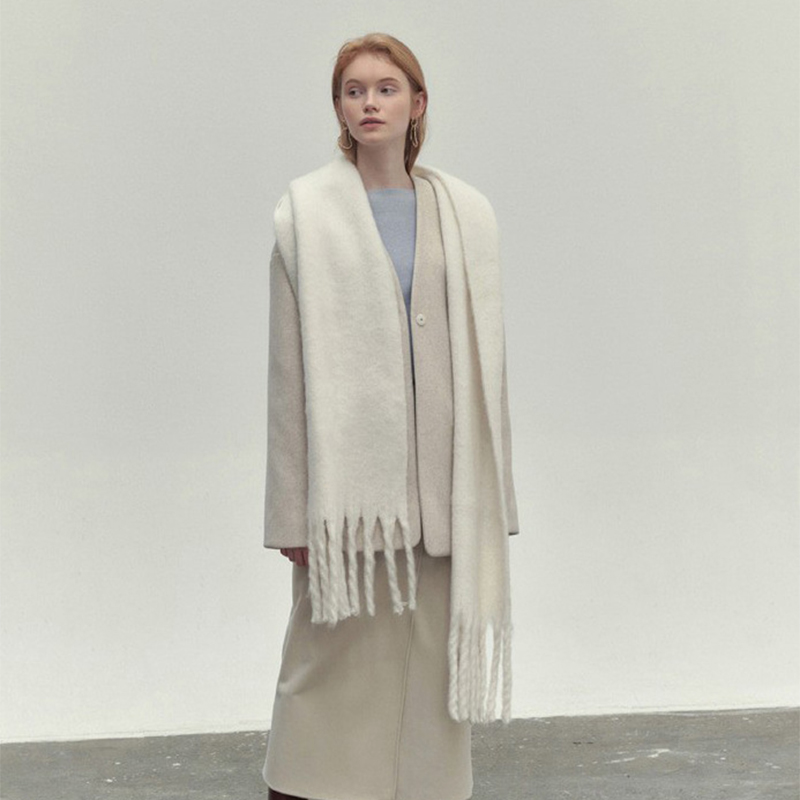 White Wide Wool Fringe Winter Scarf worn full length