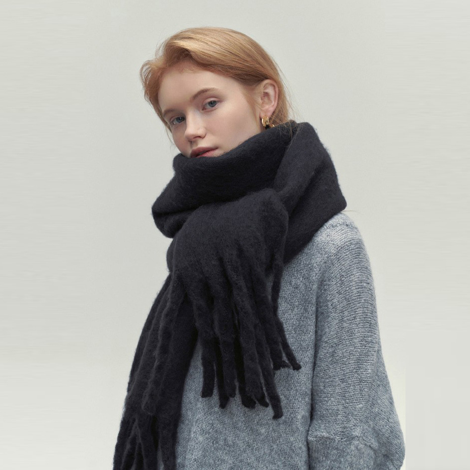 Black Wide Wool Fringe Winter Scarf worn front view