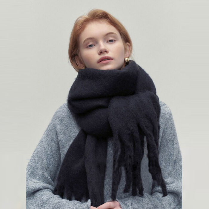 Black Wide Wool Fringe Winter Scarf worn close view