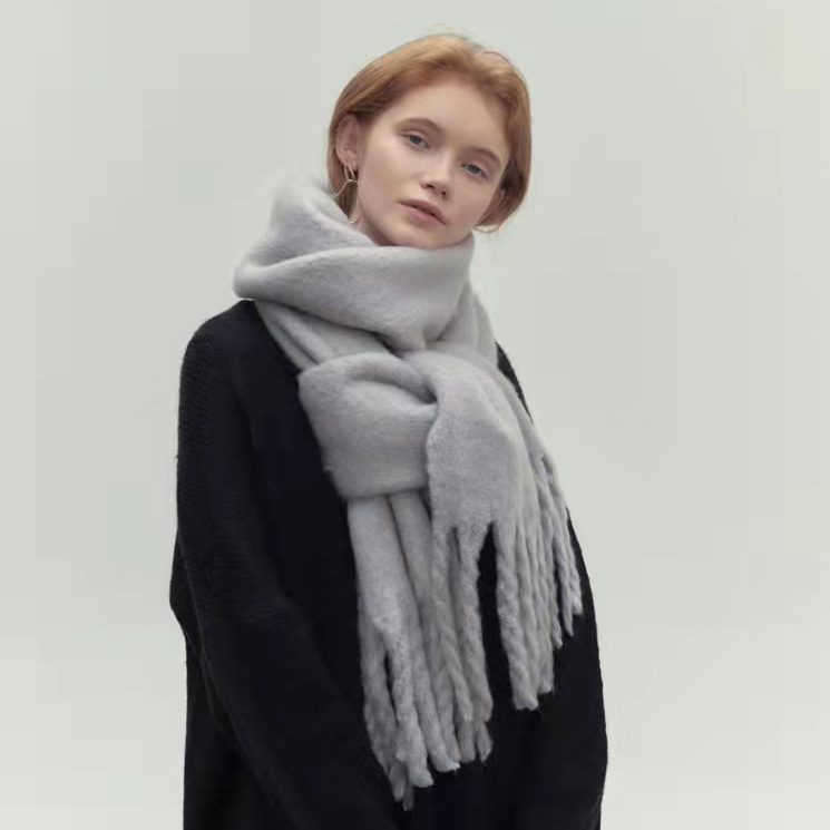 Gray Wide Wool Fringe Winter Scarf worn front view