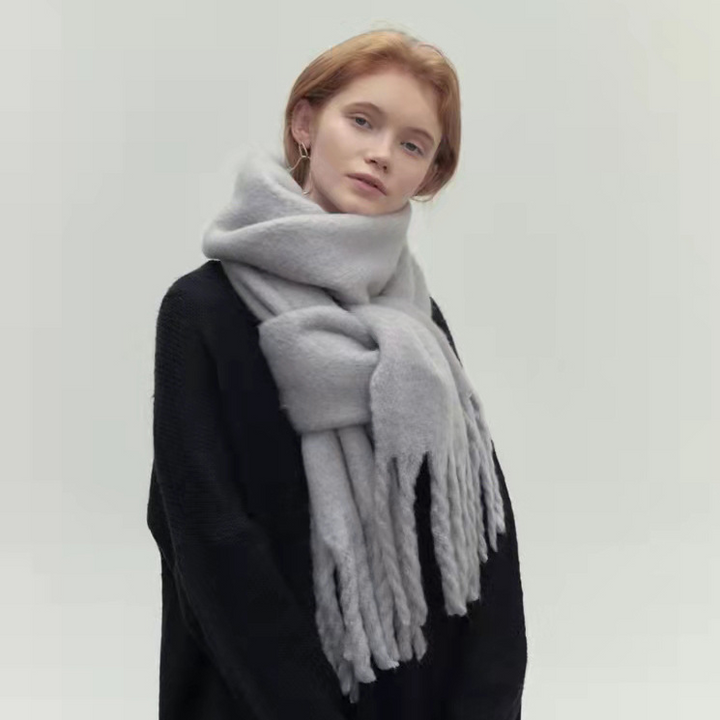 Gray Wide Wool Fringe Winter Scarf worn front view
