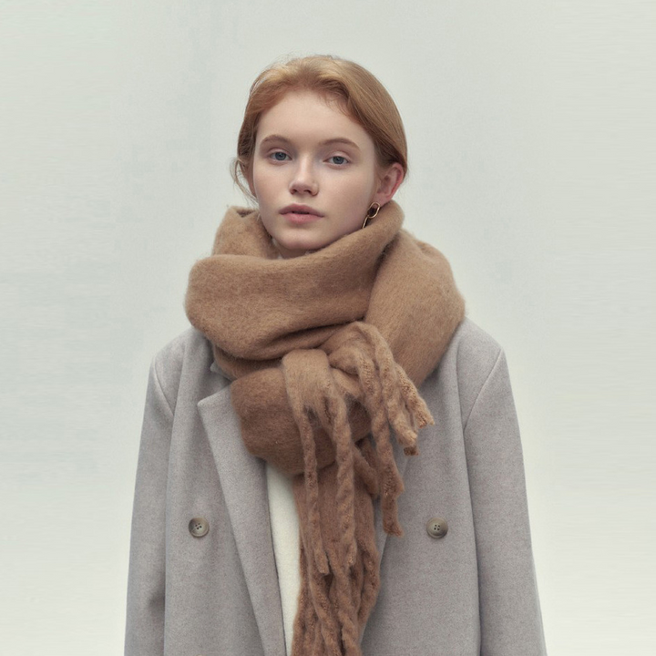 Brown Wide Wool Fringe Winter Scarf worn front view