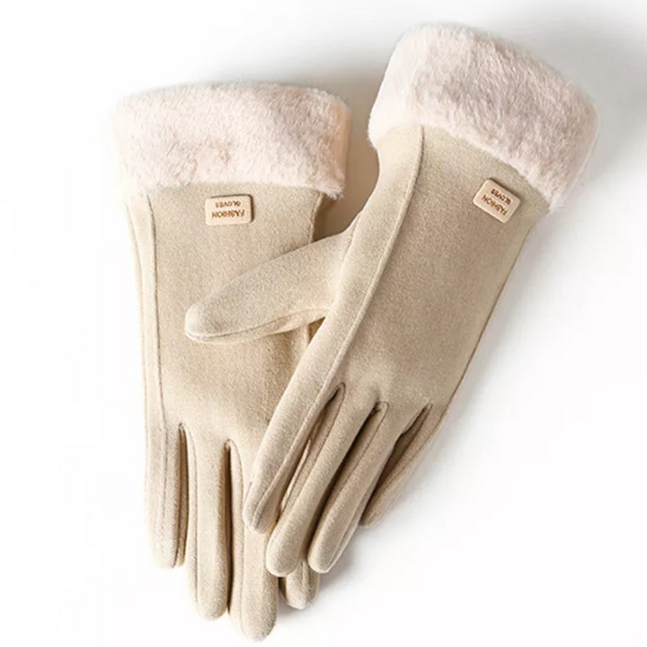 Beige Windproof Plush-Cuff Touchscreen Gloves front view