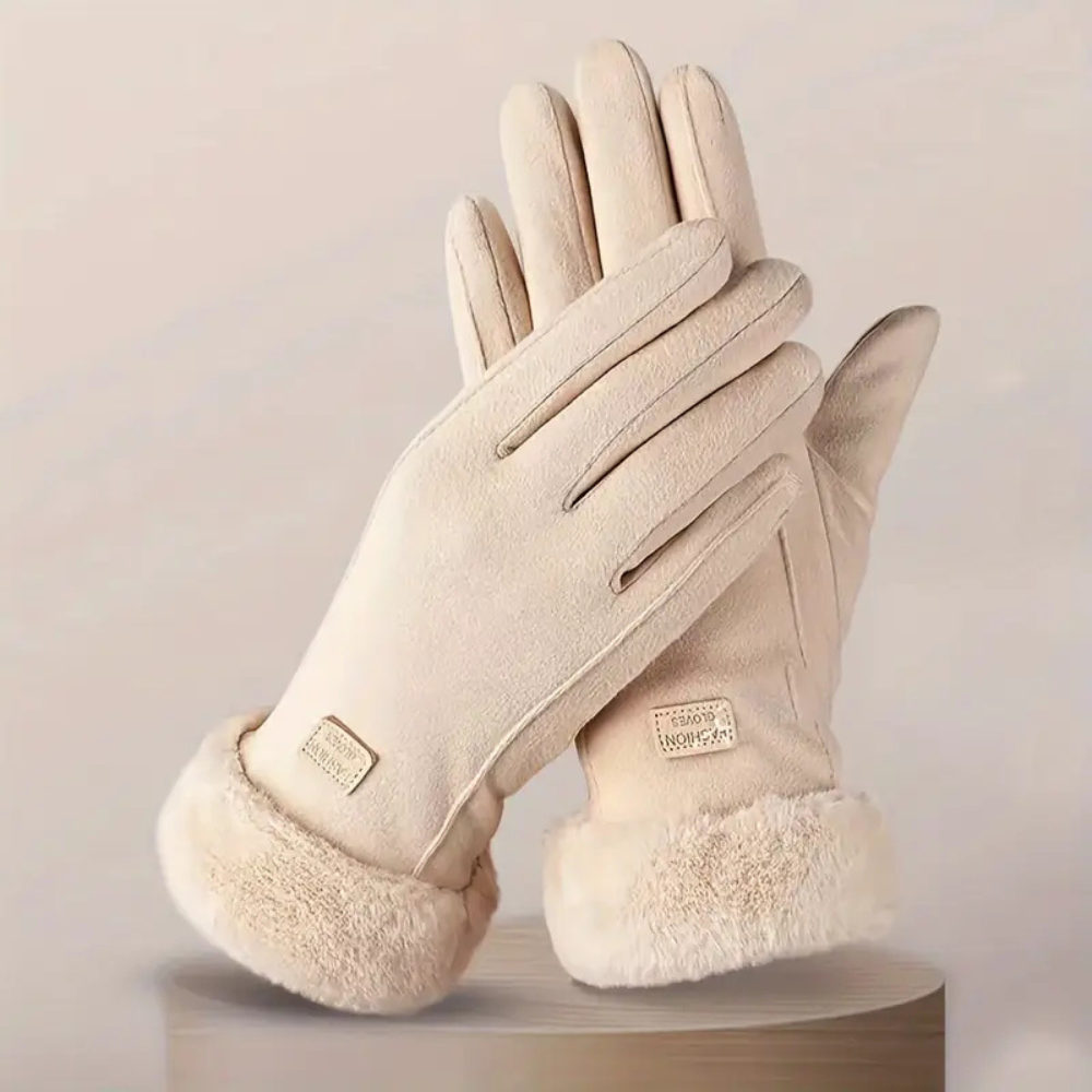 Beige Windproof Plush-Cuff Touchscreen Gloves on display stand