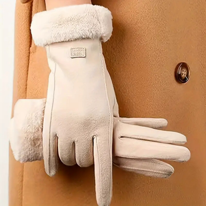 Beige Windproof Plush-Cuff Touchscreen Gloves worn lifestyle
