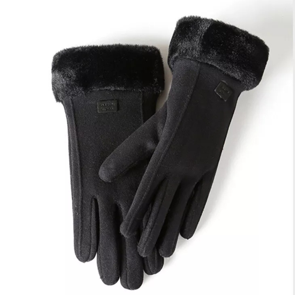 Black Windproof Plush-Cuff Touchscreen Gloves front view