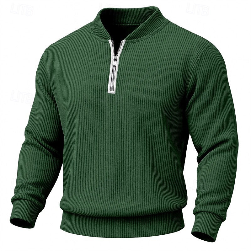 Fine-Rib Quarter-Zip Pullover with Stand Collar