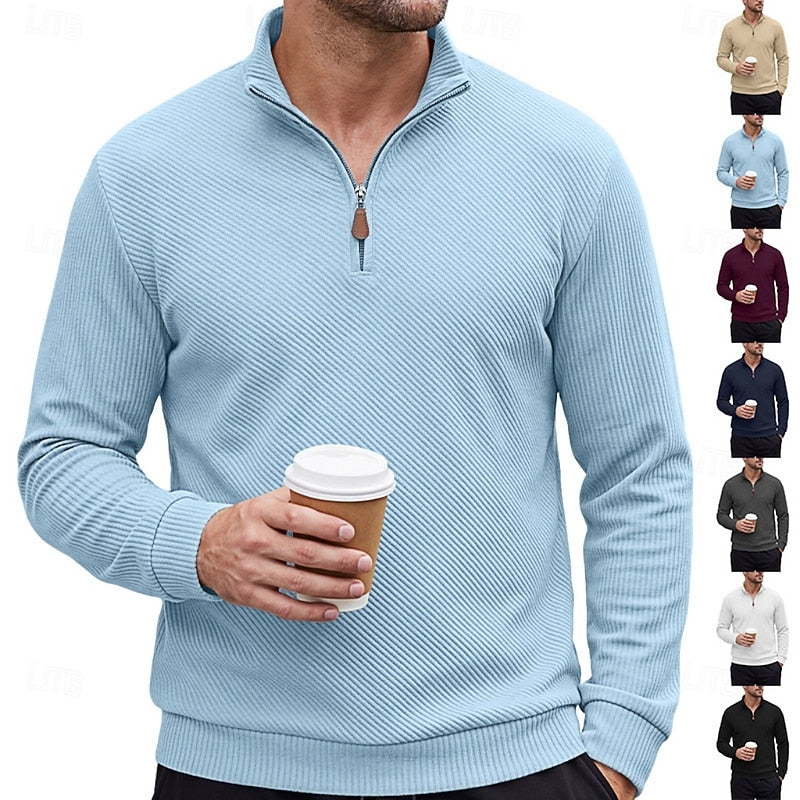 Diagonal Rib Quarter-Zip Sweater with Stand Collar