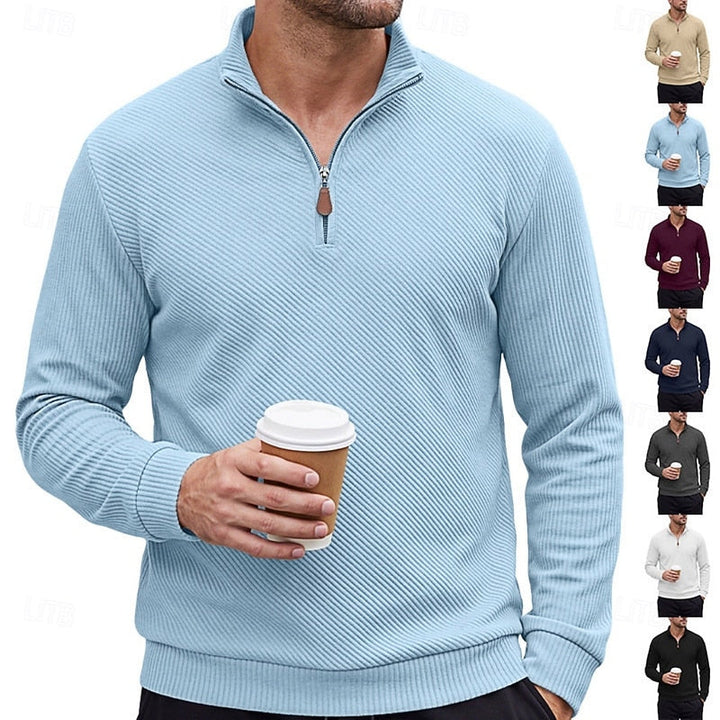 Diagonal Rib Quarter-Zip Sweater with Stand Collar