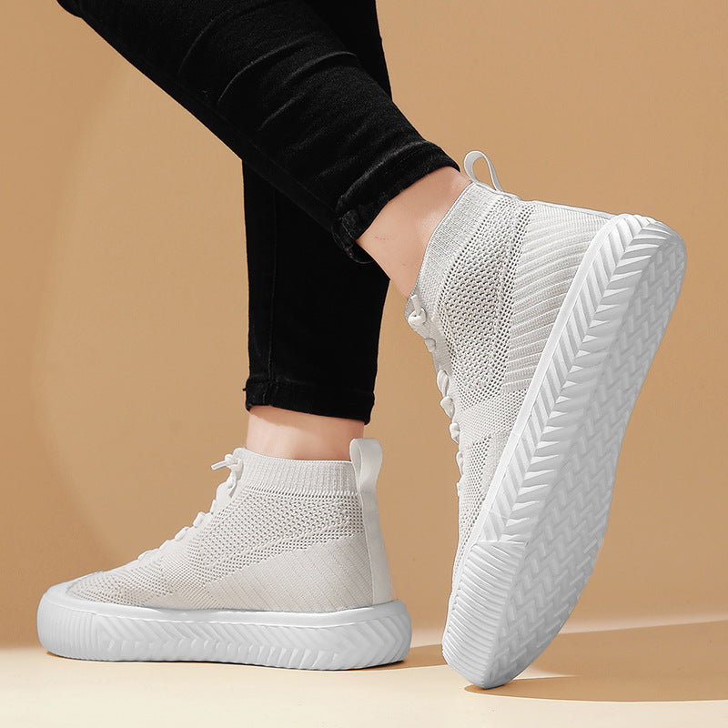 White Women's Knit Sock High-Top Sneakers on-foot side view