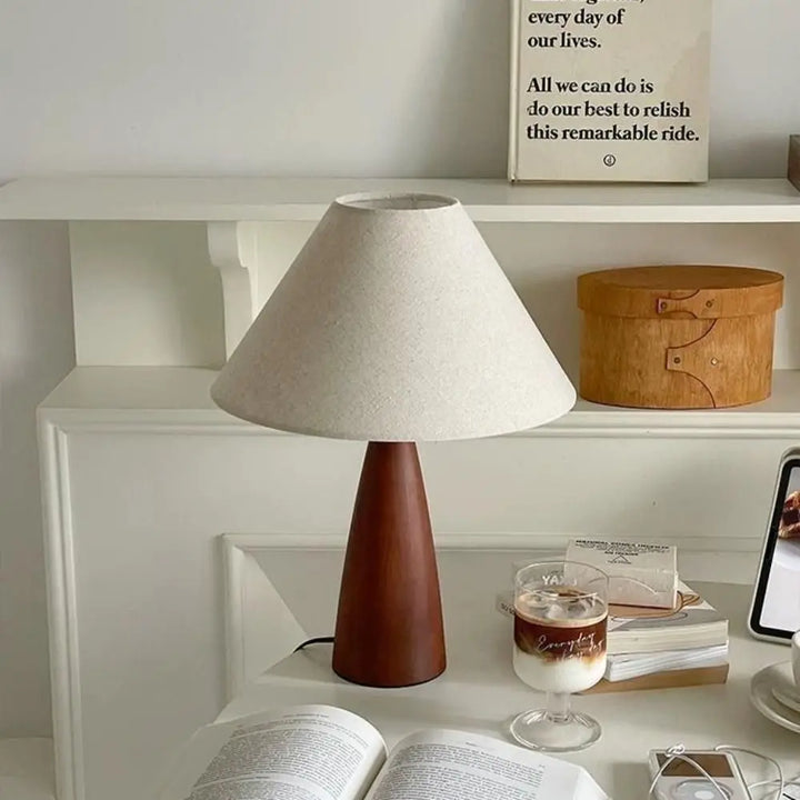 Wood Cone Linen Shade Table Lamp shelf lifestyle