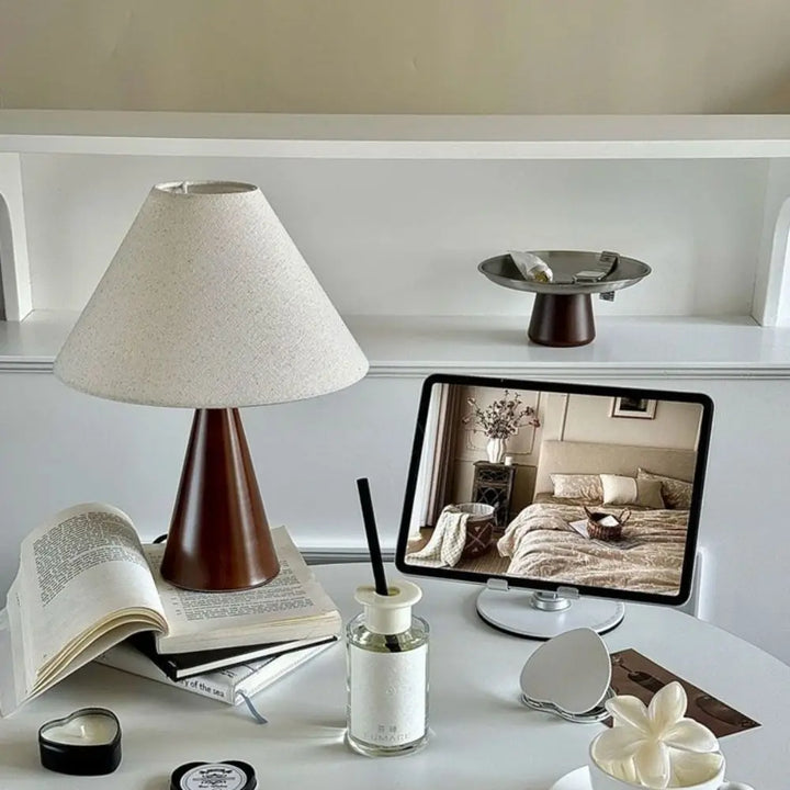 Wood Cone Linen Shade Table Lamp desk lifestyle