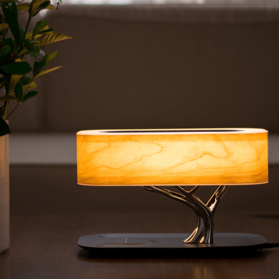 Wood Grain Wireless Charging Lamp lifestyle with plant