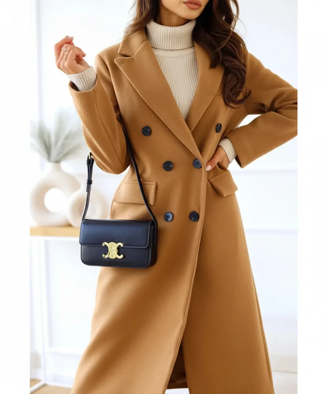 Khaki Wool Blend Double-Breasted Overcoat worn front view