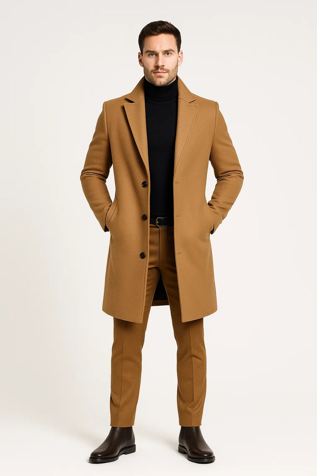 Camel Wool-Blend Long Overcoat front view