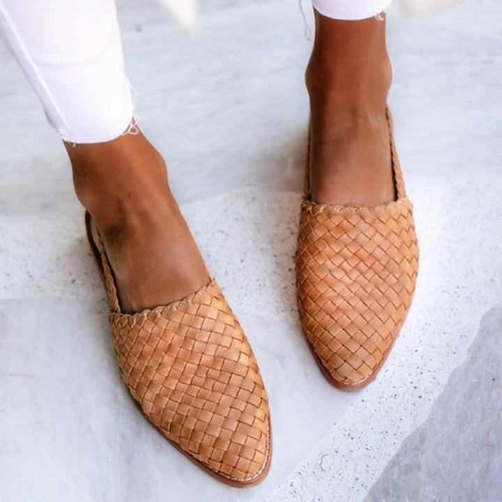 Light Brown Woven Pointed-Toe Flats worn front view