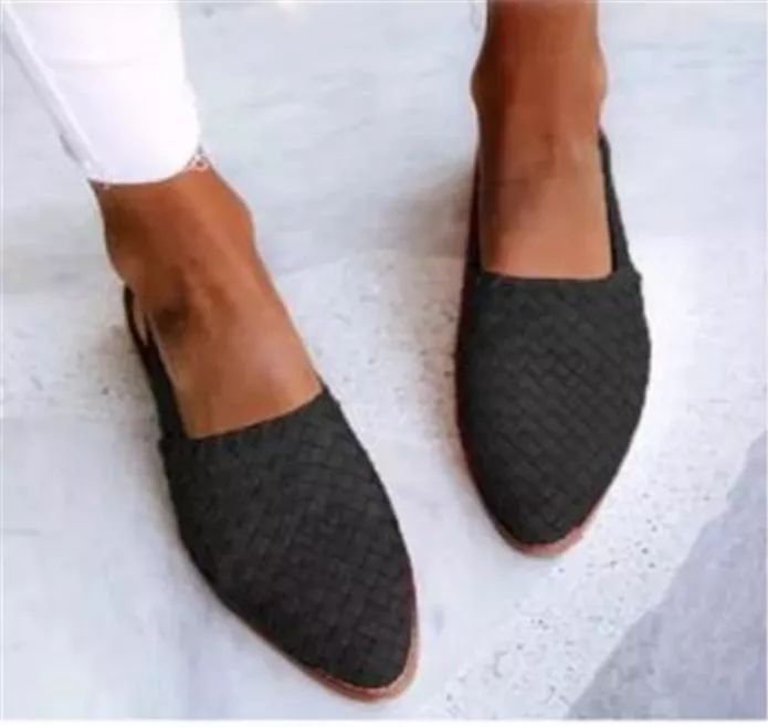 Black Woven Pointed-Toe Flats worn front view