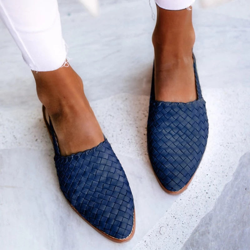 Blue Woven Pointed-Toe Flats worn front view