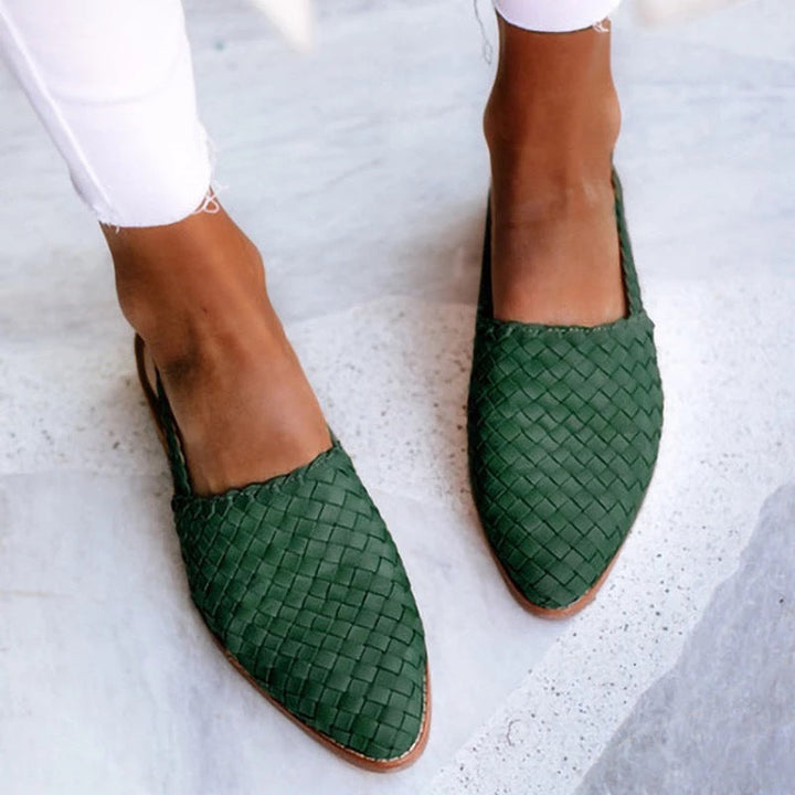 Green Woven Pointed-Toe Flats worn front view