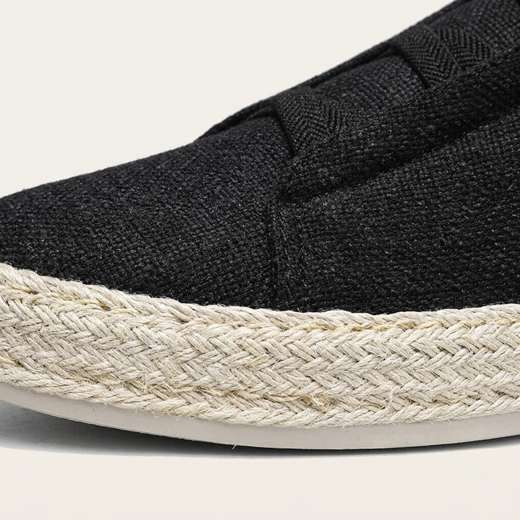 Black Woven Slip-On Sneakers rope trim close-up