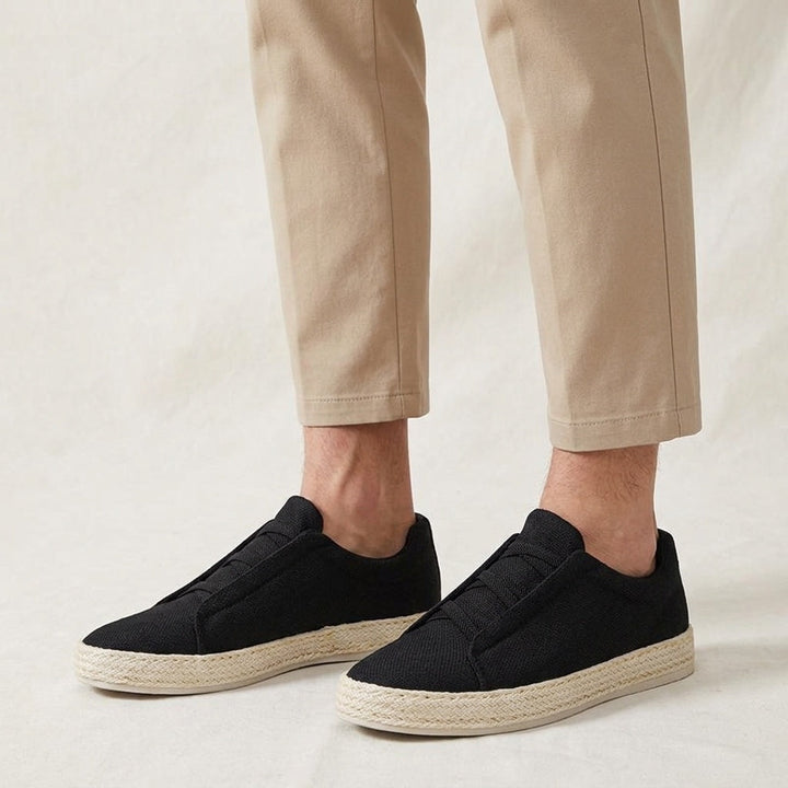 Black Woven Slip-On Sneakers worn with chinos