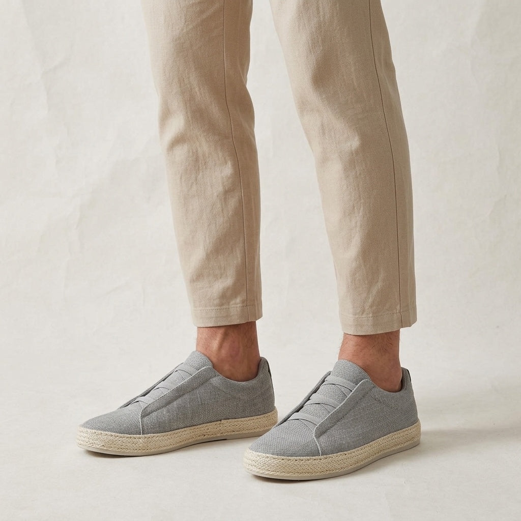 Grey Woven Slip-On Sneakers worn with chinos