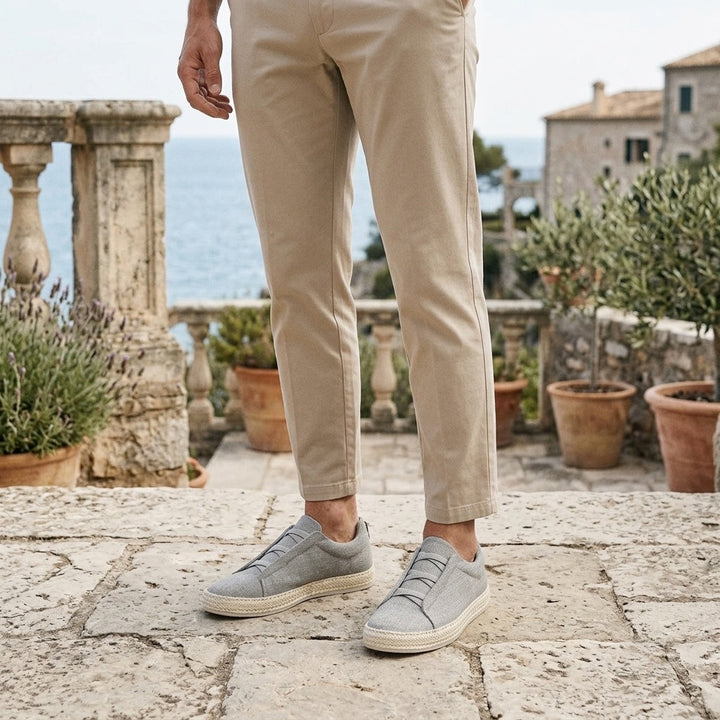 Grey Woven Slip-On Sneakers worn on terrace