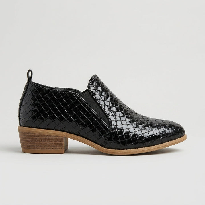 Black woven-texture slip-on ankle boot side view