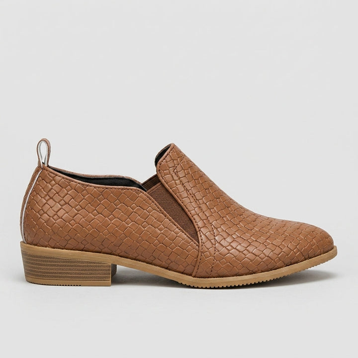Brown woven-texture slip-on ankle boot side view