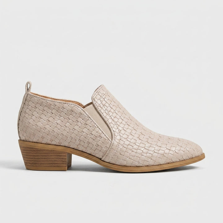 Beige woven-texture slip-on ankle boot side view