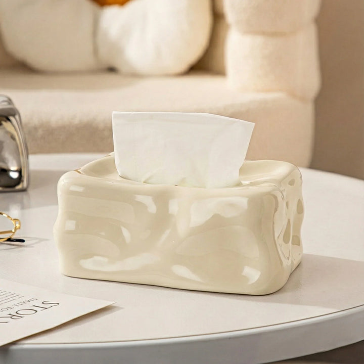 Modern Wavy Sculptural Ceramic Tissue Box Cover, Melting Design, Fluid Art Decor