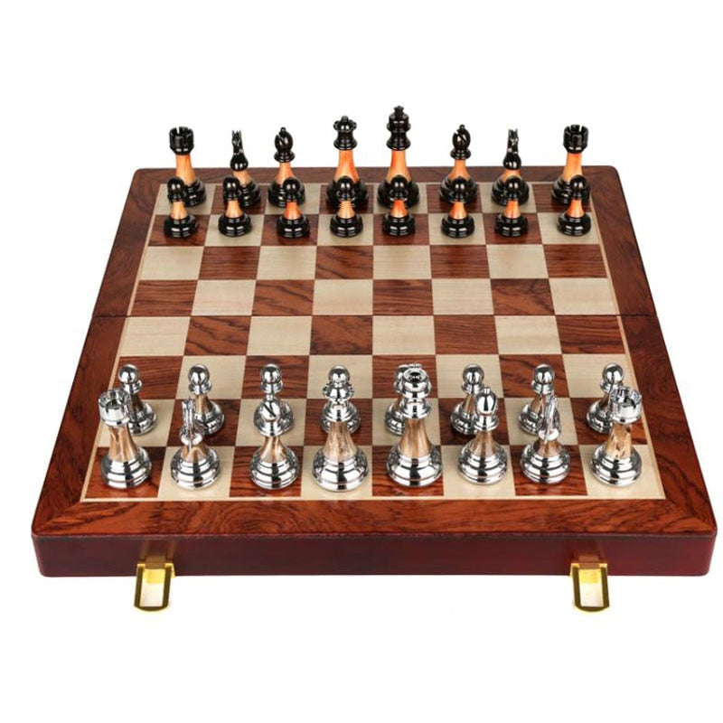 Zinc Alloy Wooden Chess Set pieces close-up