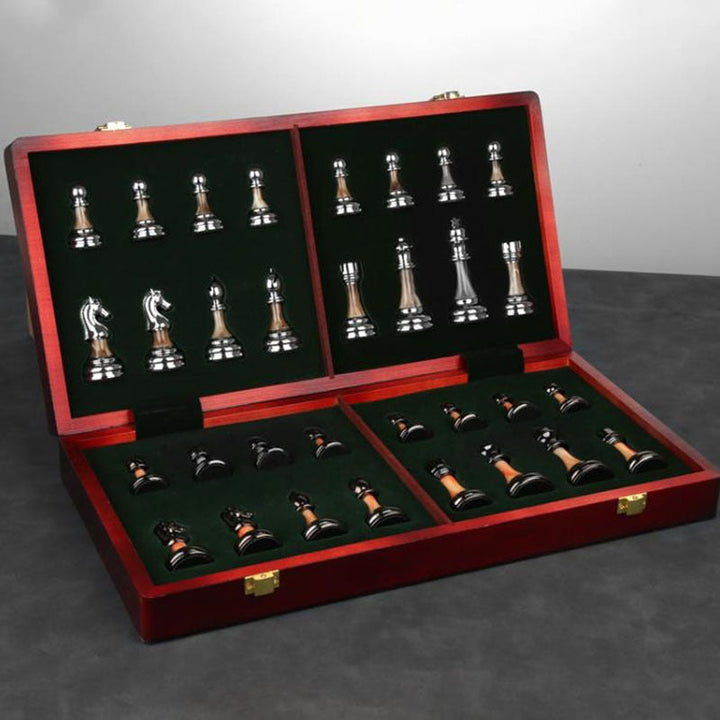 Zinc Alloy Wooden Chess Set on display