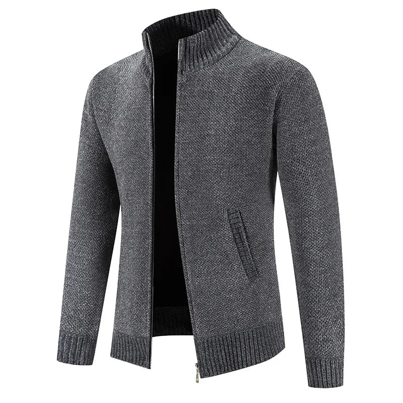 Charcoal Gray Zip-Up Stand-Collar Cardigan front view