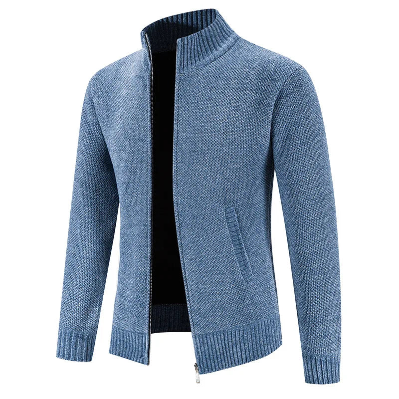 Slate Blue Zip-Up Stand-Collar Cardigan front view