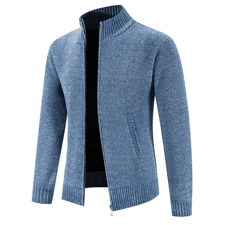 Slate Blue Zip-Up Stand-Collar Cardigan front view