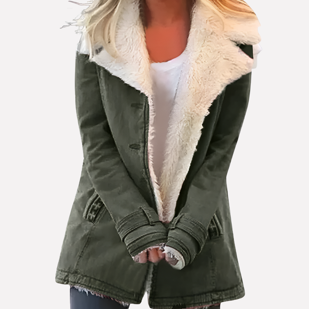 Army Green Sherpa-Collar Zip-Up Winter Jacket worn front view