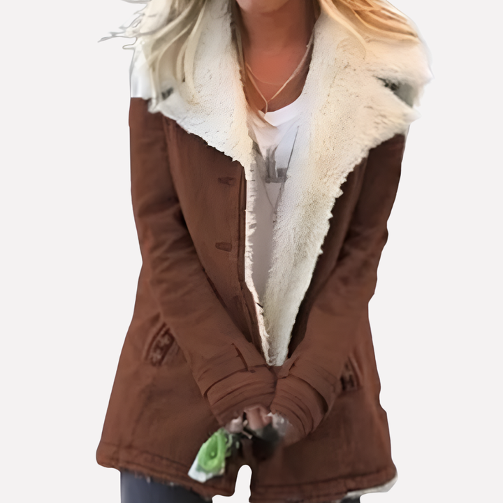 Brown Sherpa-Collar Zip-Up Winter Jacket worn front view