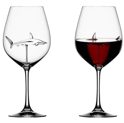 Lead-Free Crystal Shark Wine Glasses empty and filled with red wine